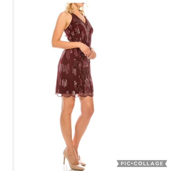 Aidan Mattox fringes V- neckline sleeveless beaded cocktail dress - Picture 2 of 9